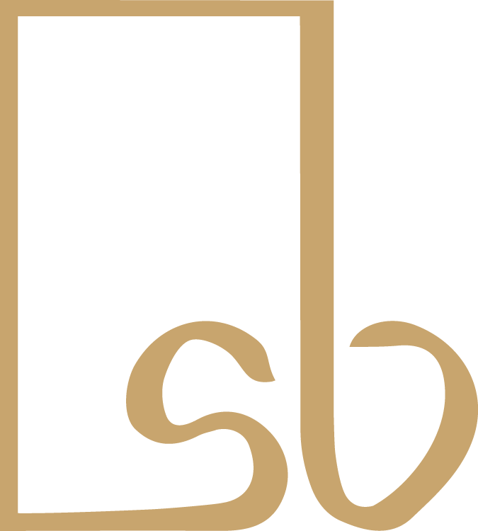 A monogram or logo with the lower case letters "s" and "b" combined within the rectangular outline of a representation of a painting.