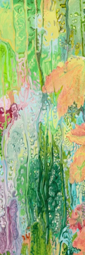 Beautiful colors in painting of autumn leaves caught in the rain.