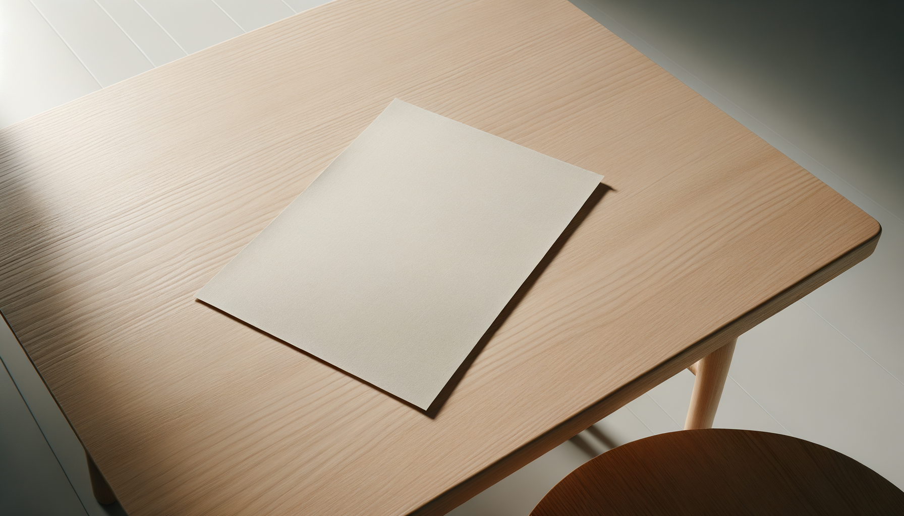 A piece of white paper placed on a light wooden table next to a brown wooden chair.