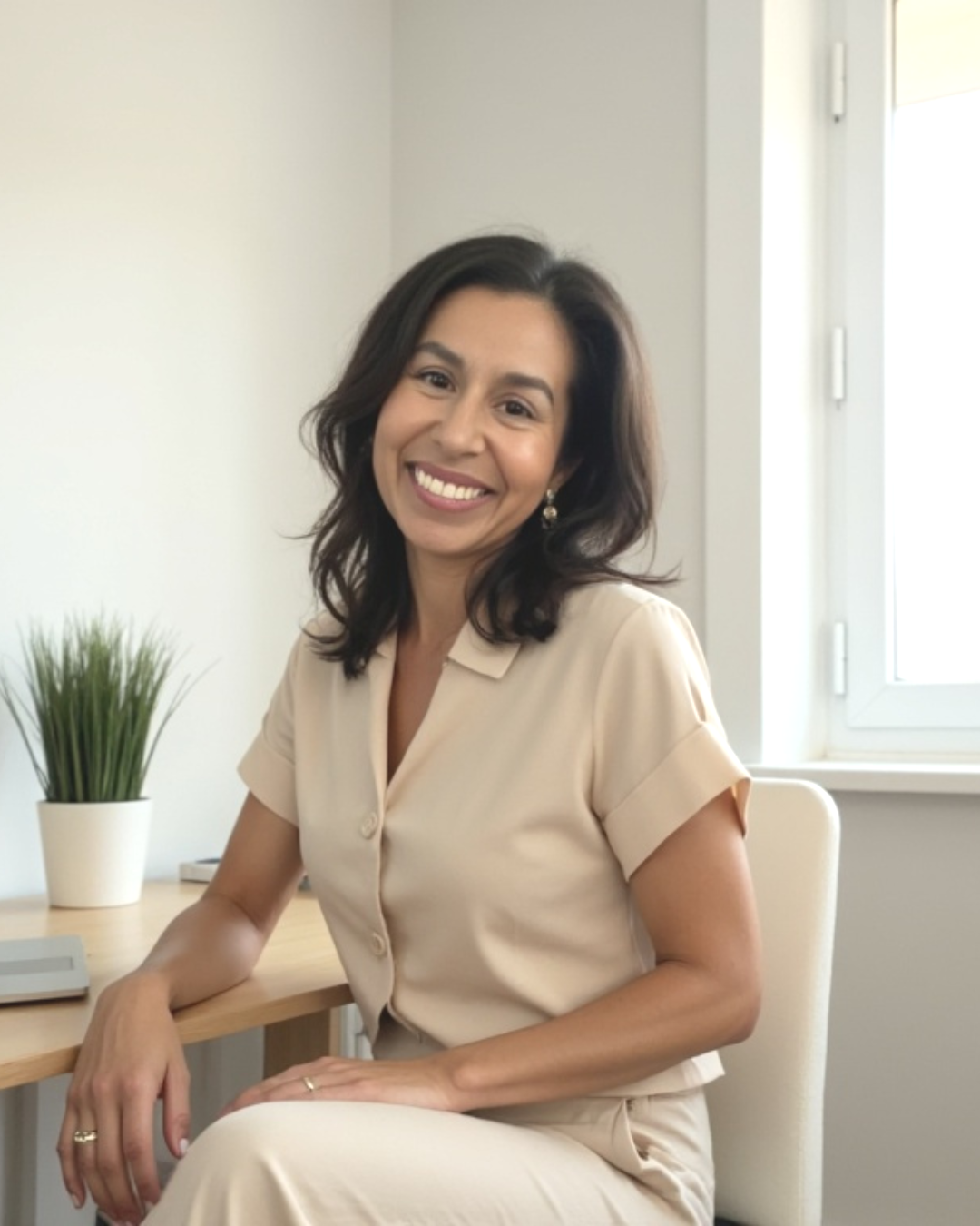 A woman sitting at a desk, smiling, in a well-lit office with a window, beige top, and a plant on the desk. Abacus360 Bookkeeping in Chula Vista, CA.
