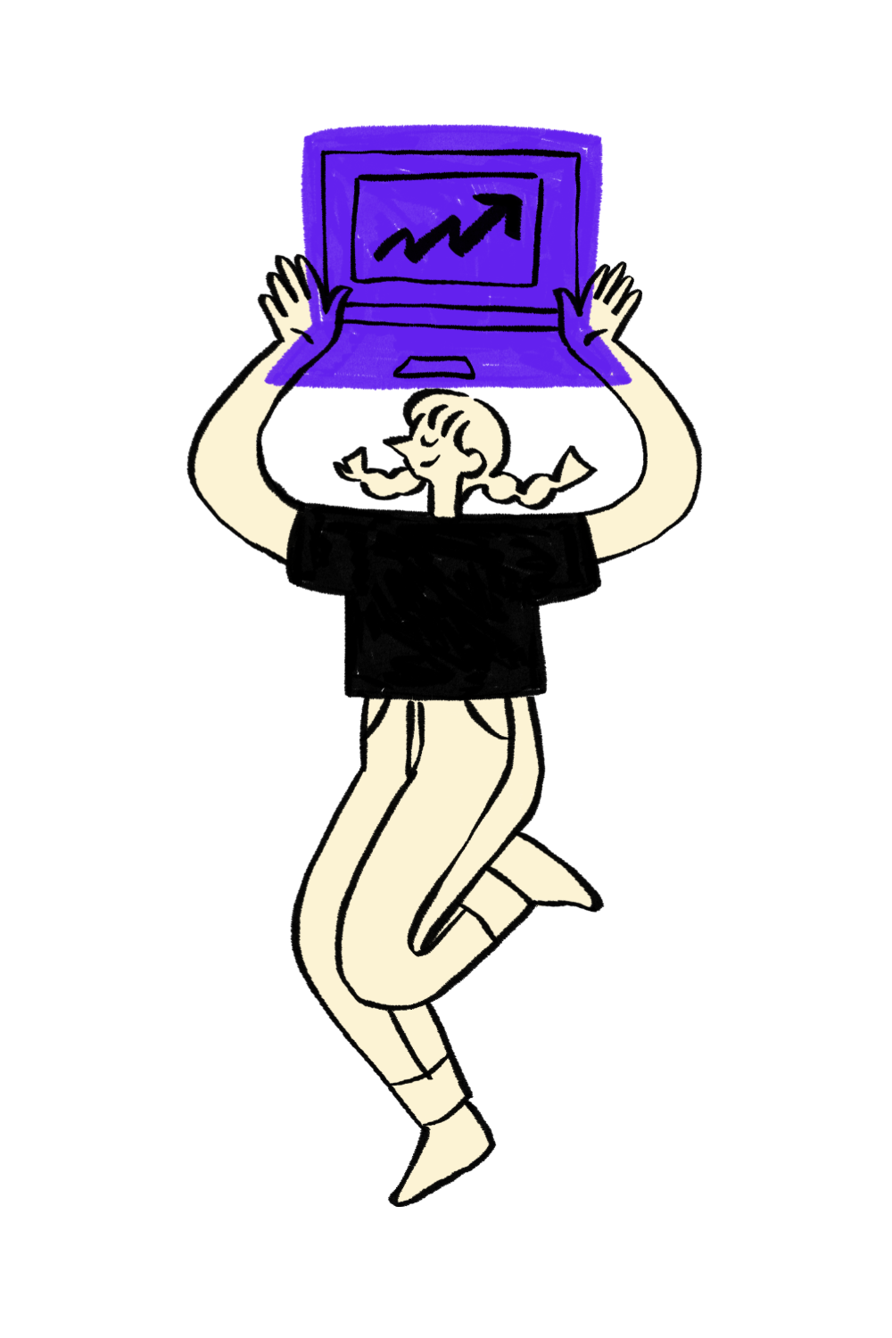 A person with braided hair, wearing a black top and white pants, is holding a purple laptop displaying an upward trending graph and appears to be jumping with a happy expression.