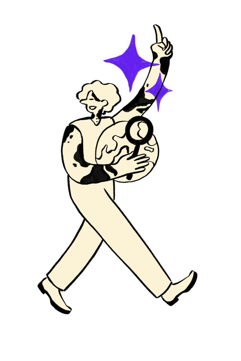 A cartoon-style drawing of a person walking and holding a globe, pointing to the sky with one finger, with a blue star in the background.