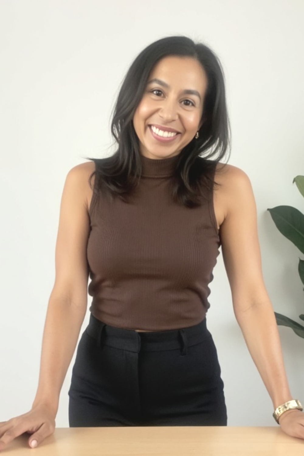 A woman with shoulder-length black hair wearing a sleeveless brown turtleneck top and black pants, smiling and leaning on a table in front of a plain white wall with a green plant visible on the right side. Abacus360 Bookkeeping in Chula Vista, CA.