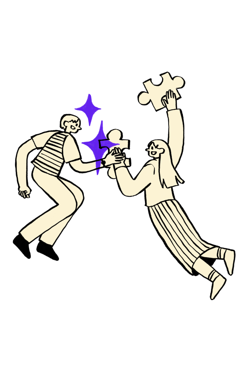 Two people, one male and one female, are assembling a blue jigsaw puzzle piece together, smiling and engaging in teamwork, against a dark background.