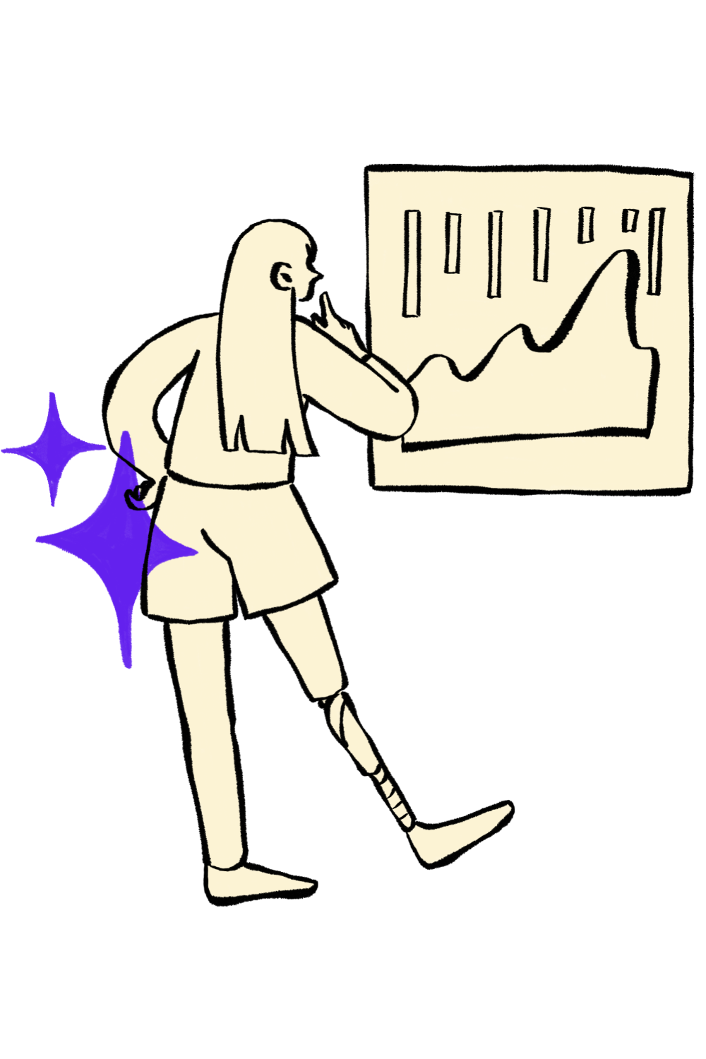 Drawing of a person with a prosthetic leg analyzing a line graph on a screen