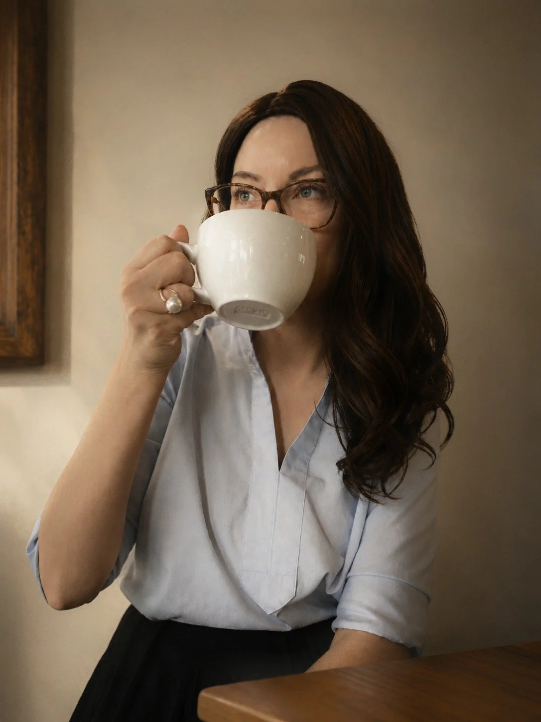 Elizabeth Doiron Quon, photographer, drinking from a mug in a cozy indoor setting