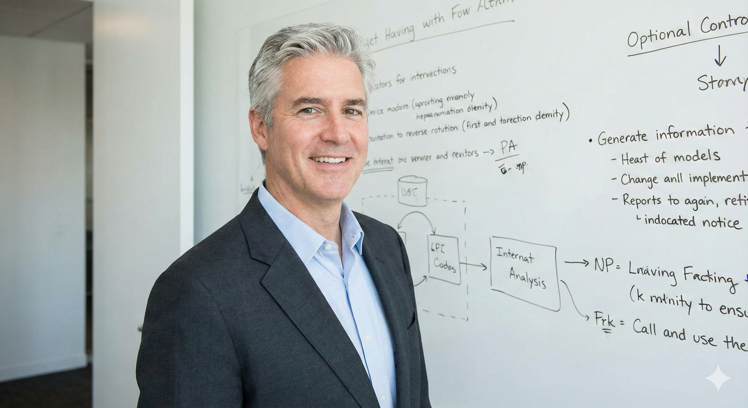 A silver-haired business strategist in front of a whiteboard, planning a consulting business, illustrating a successful midlife career pivot for executives.