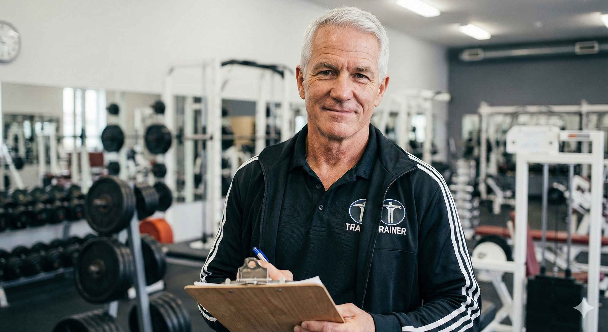 A senior fitness trainer with a clipboard in a gym, a prime example of an older professional successfully starting a fitness business after 50.
