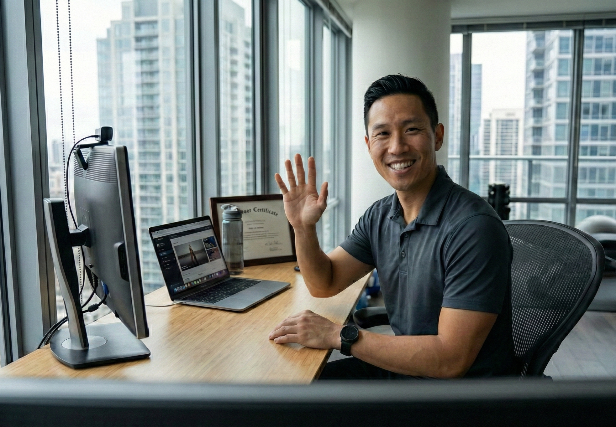 A man sitting at a desk in an office, waving and smiling at the camera. The desk has two computer monitors, a laptop, a framed certificate, a water bottle, and a watch on his wrist. The office has large windows with a city skyline view.