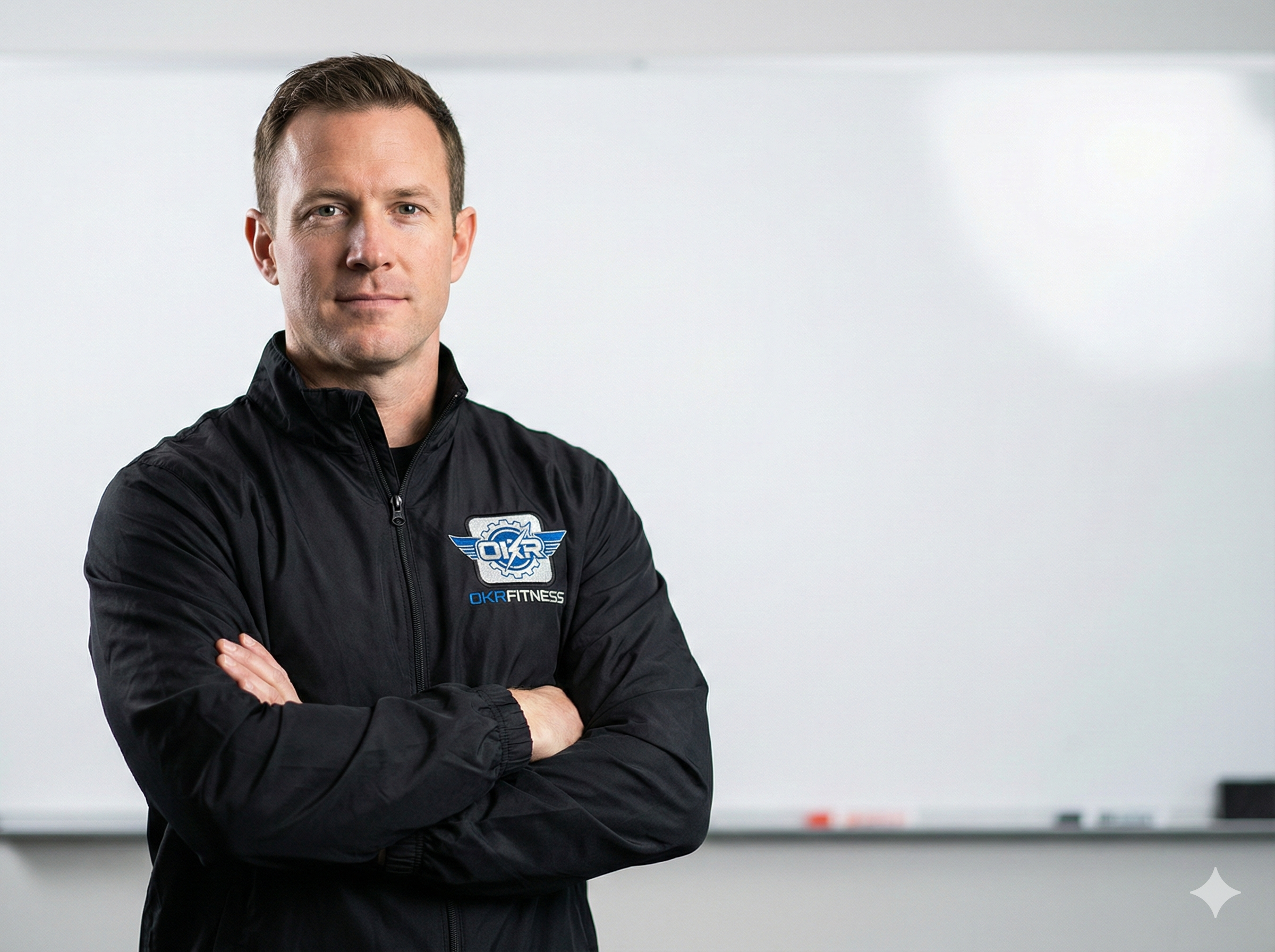 Portrait of a man with arms crossed, wearing a black jacket with an OKR Fitness logo, standing in front of a whiteboard.