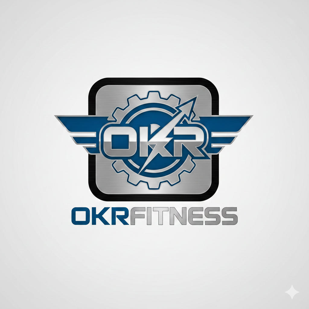 OKR Fitness logo featuring gear, wings, and an upward arrow with the text 'OKR Fitness'