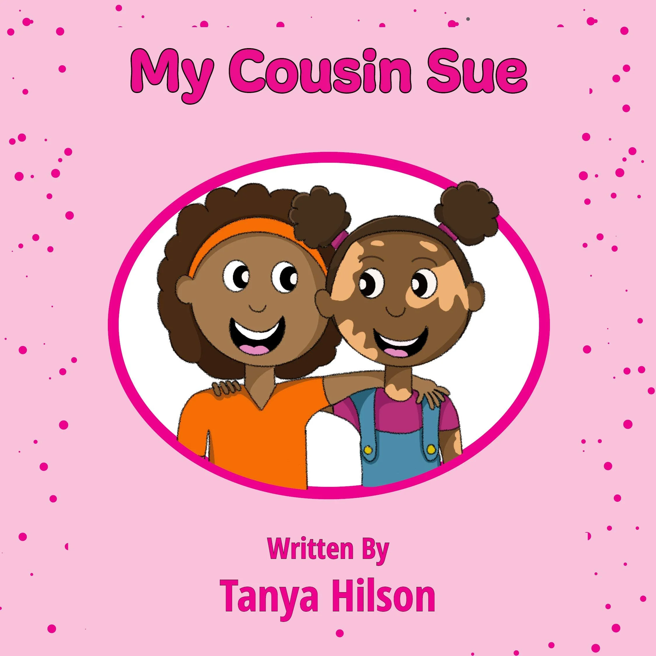 A pink book cover with the title 'My Cousin Sue voiceover client 