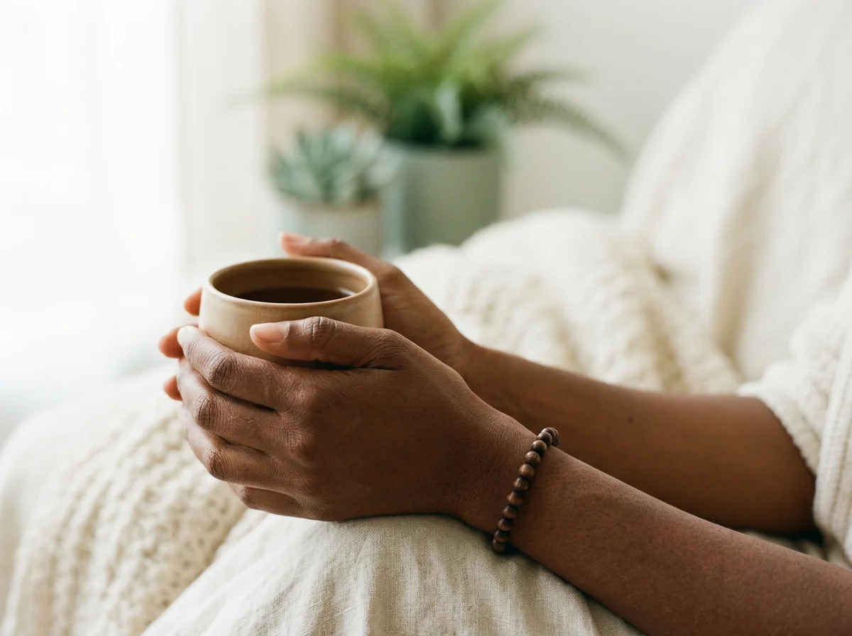 Black hands holding cup
