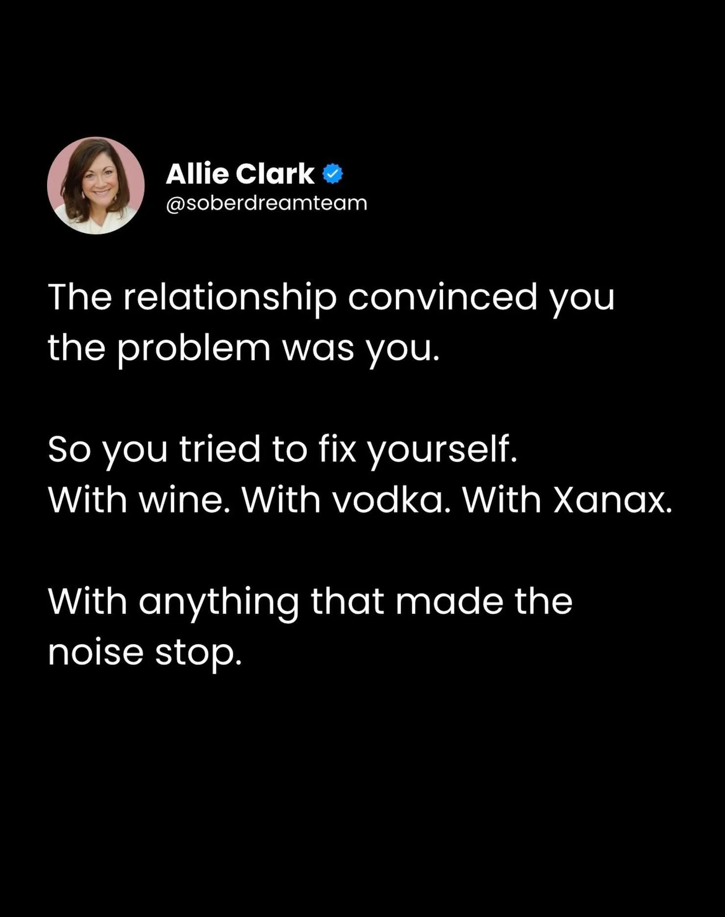You were never the problem. 🙅🏻&zwj;♀️

You were blamed, gaslit, and worn down by a narcissist until you believed you were.

So you numbed it.
With wine. With vodka. With Xanax.
Anything to make the noise stop.

Maybe you&rsquo;re still in it. 😢 
M