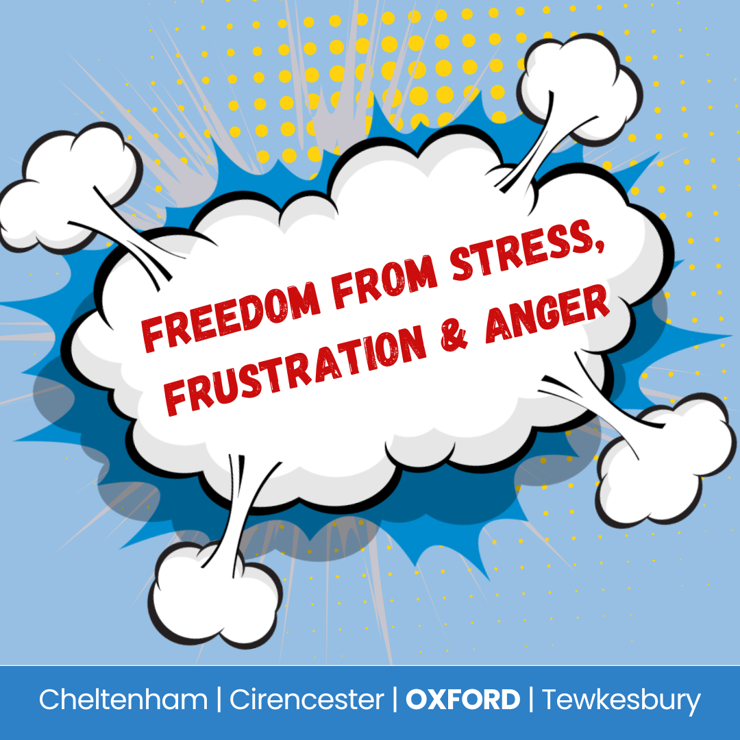 Steel blue pop art graphic with a white explosion with the words freedom from Stress Frustration & Anger in red