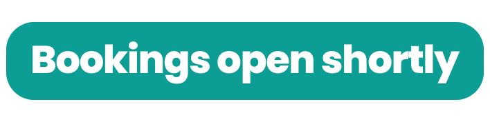 Turquoise sign with white text reading 'Bookings open shortly'.