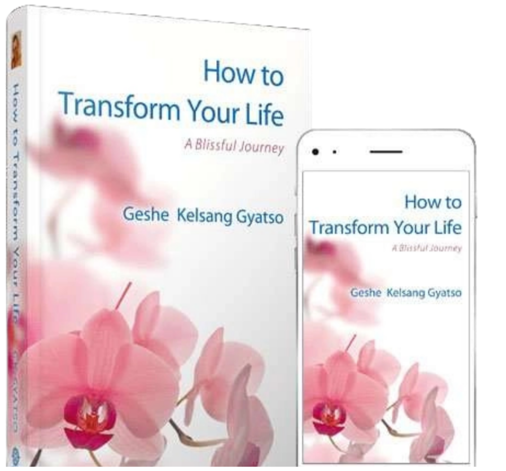 Book titled "How to Transform Your Life" by Geshe Kelsang Gyatso, with a matching smartphone screen showing the same cover, featuring pink orchids in the background.