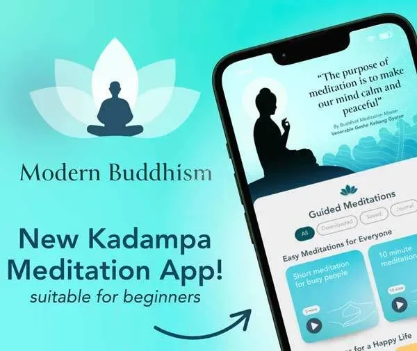Promotional graphic for Modern Buddhism featuring a smartphone displaying the New Kadampa Meditation App, with a quote about meditation and guided meditation options.