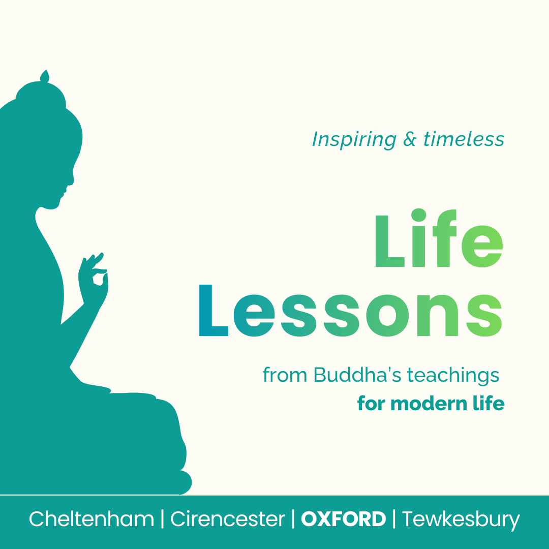Cover of a book titled "Life Lessons: Inspiring & timeless from Buddha's teachings for modern life" with a teal silhouette of Buddha in a meditative pose on the left and a list of places including Cheltenham, Cirencester, Oxford, and Tewkesbury at the bottom.
