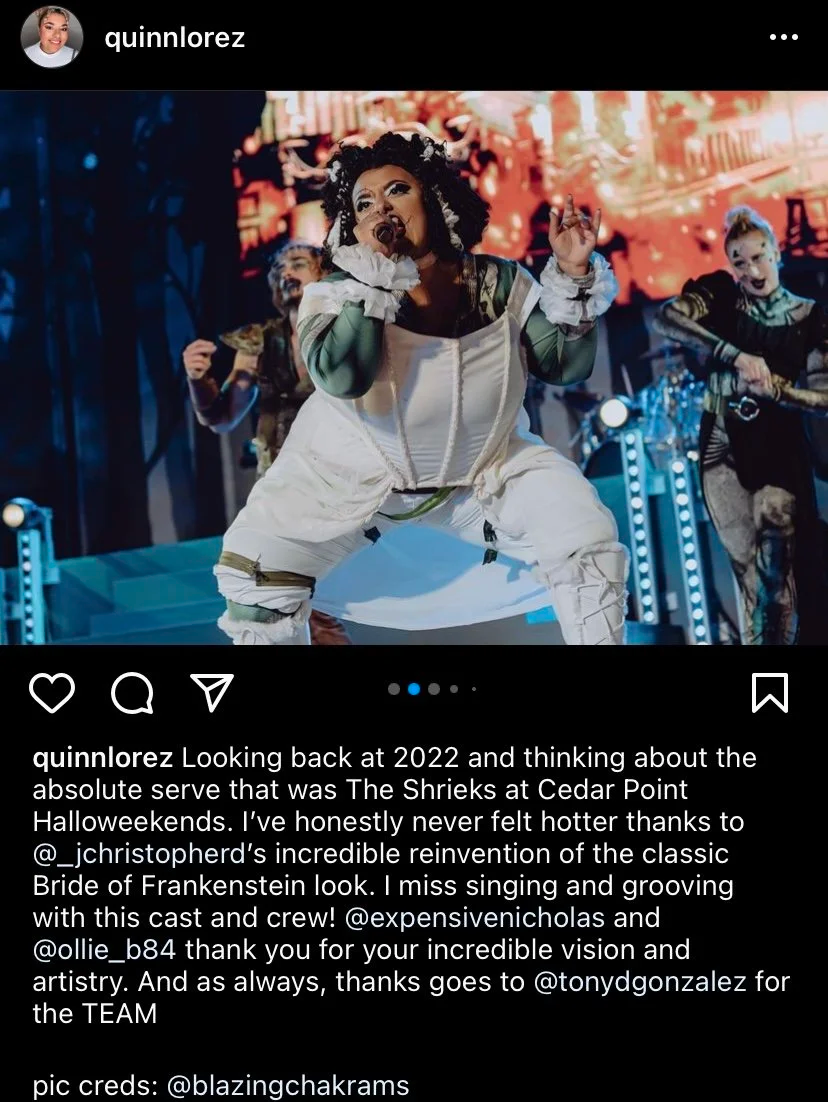 Performer in a Bride of Frankenstein costume. Screen shot of an Instagram post. The performer says shes never felt hotter than when wearing the costume made by J. Christopher