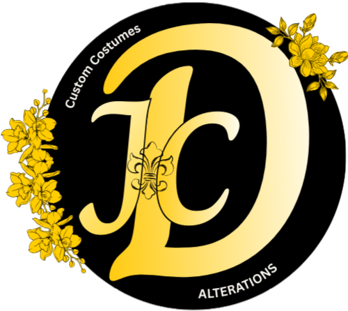 Official logo in gold letters JC centered on D in cursive. Fleur de les outline centered on letters. Black circle is framed by flowers with the words custom costumes and alterations in white.