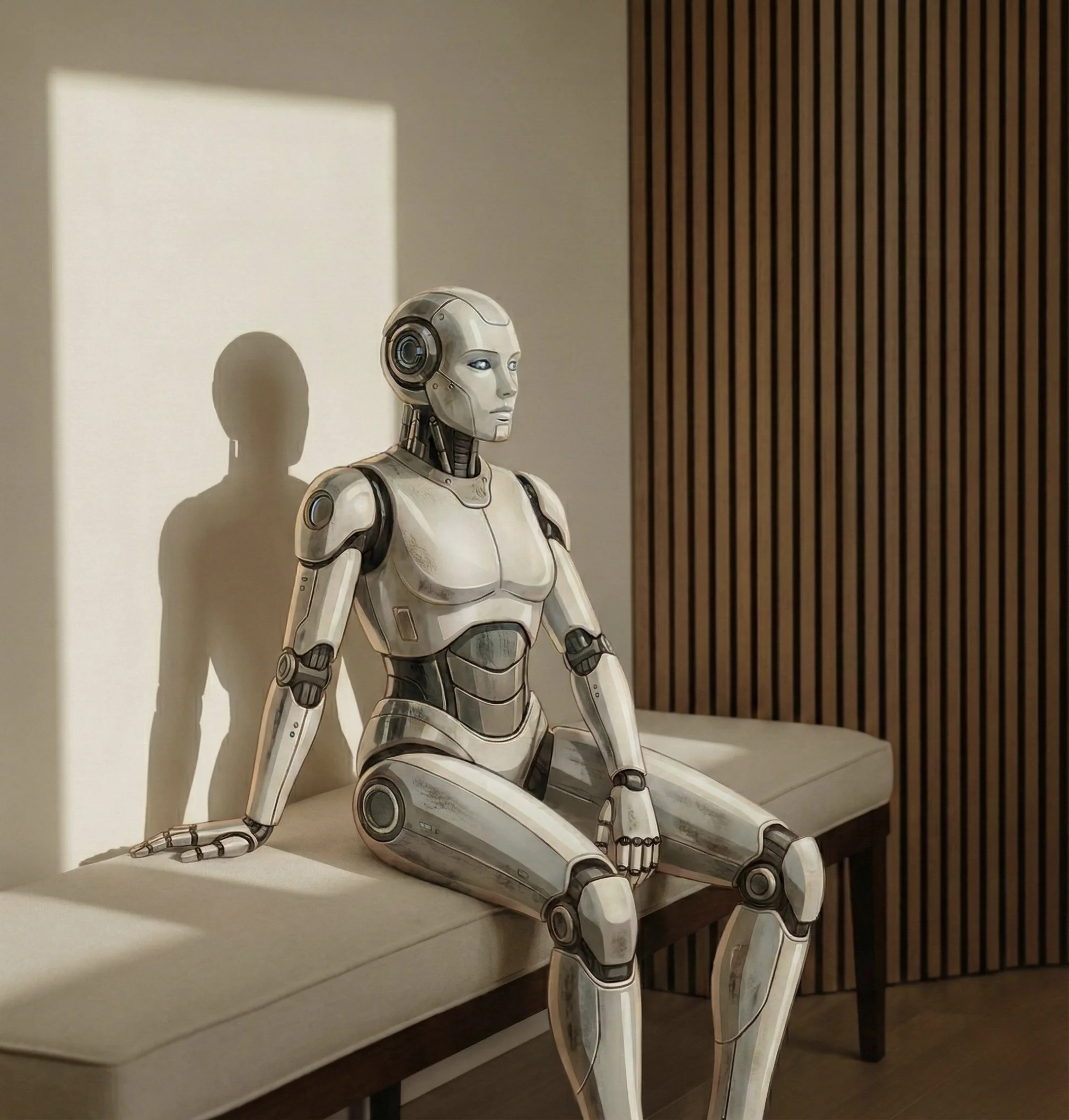 A humanoid robot with a sleek, metallic design seated on a white bench in a modern room with a wooden panel wall. The robot is looking straight ahead, and its shadow is cast on the wall behind.