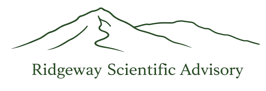 Outline of mountain range with green lines and the text 'Ridgeway Scientific Advisory' below.
