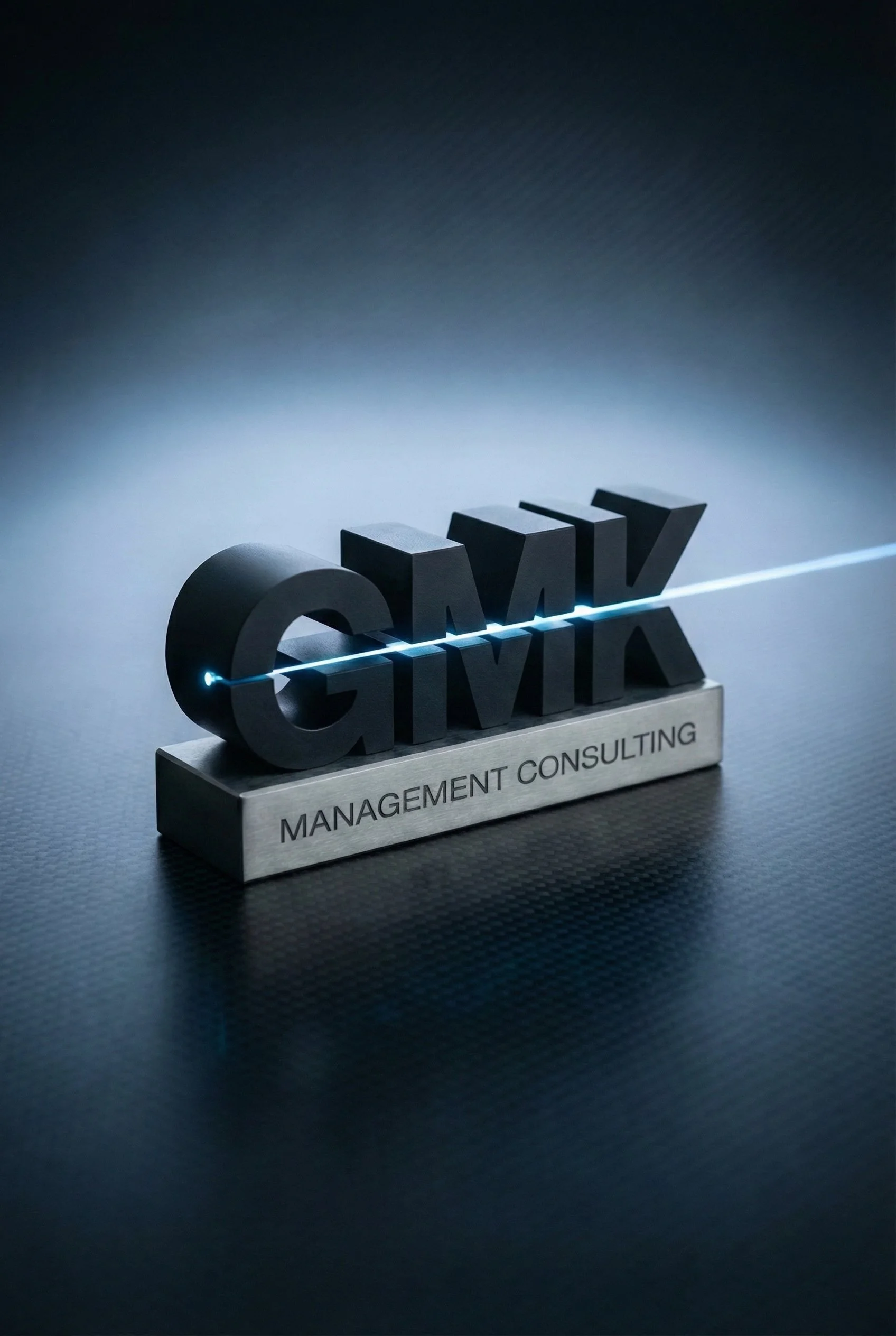 A sign with the words 'GMWK' illuminated in the shape of 3D letters, and 'Management Consulting' written on a metal bar beneath.
