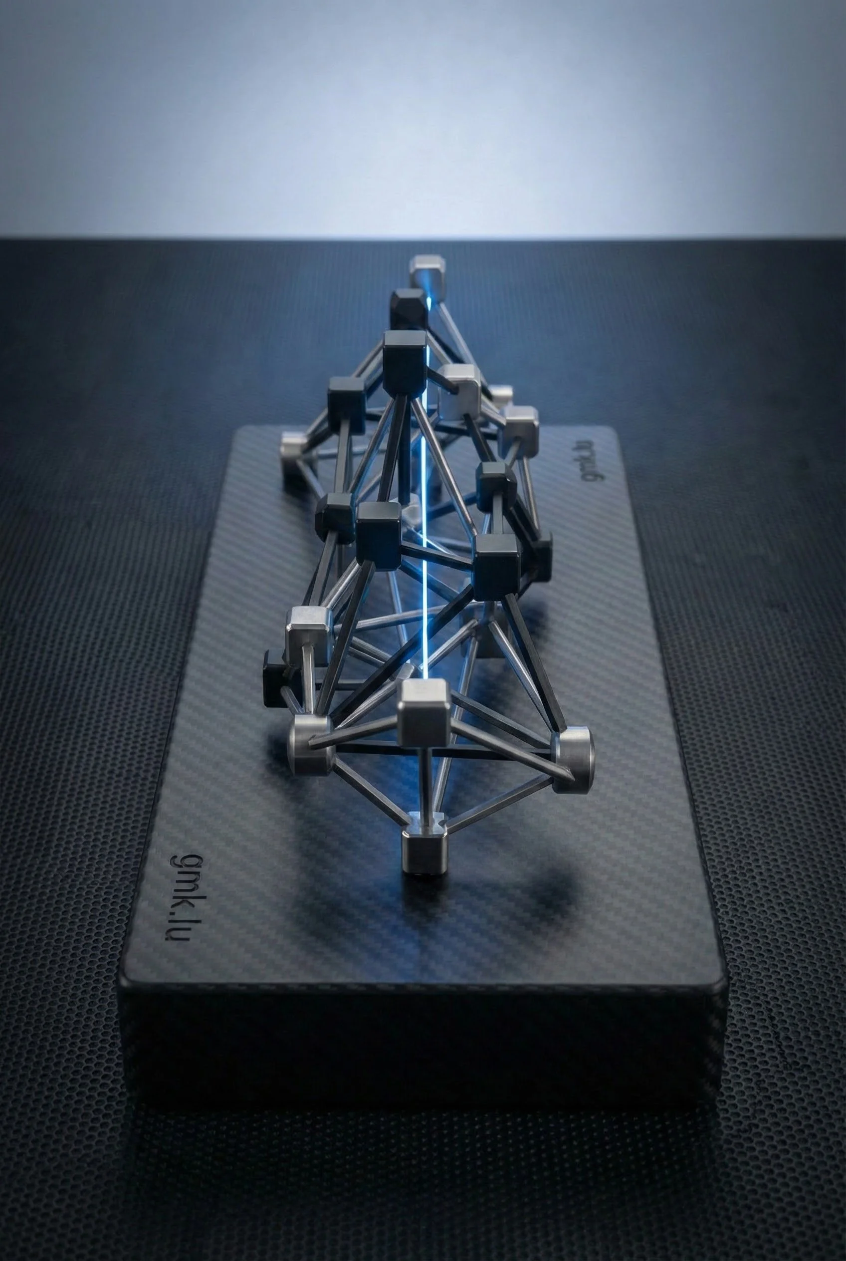 Abstract metallic bridge structure with integrated blue light elements, symbolizing connection, structural integrity and strategic decision-making in management consulting.