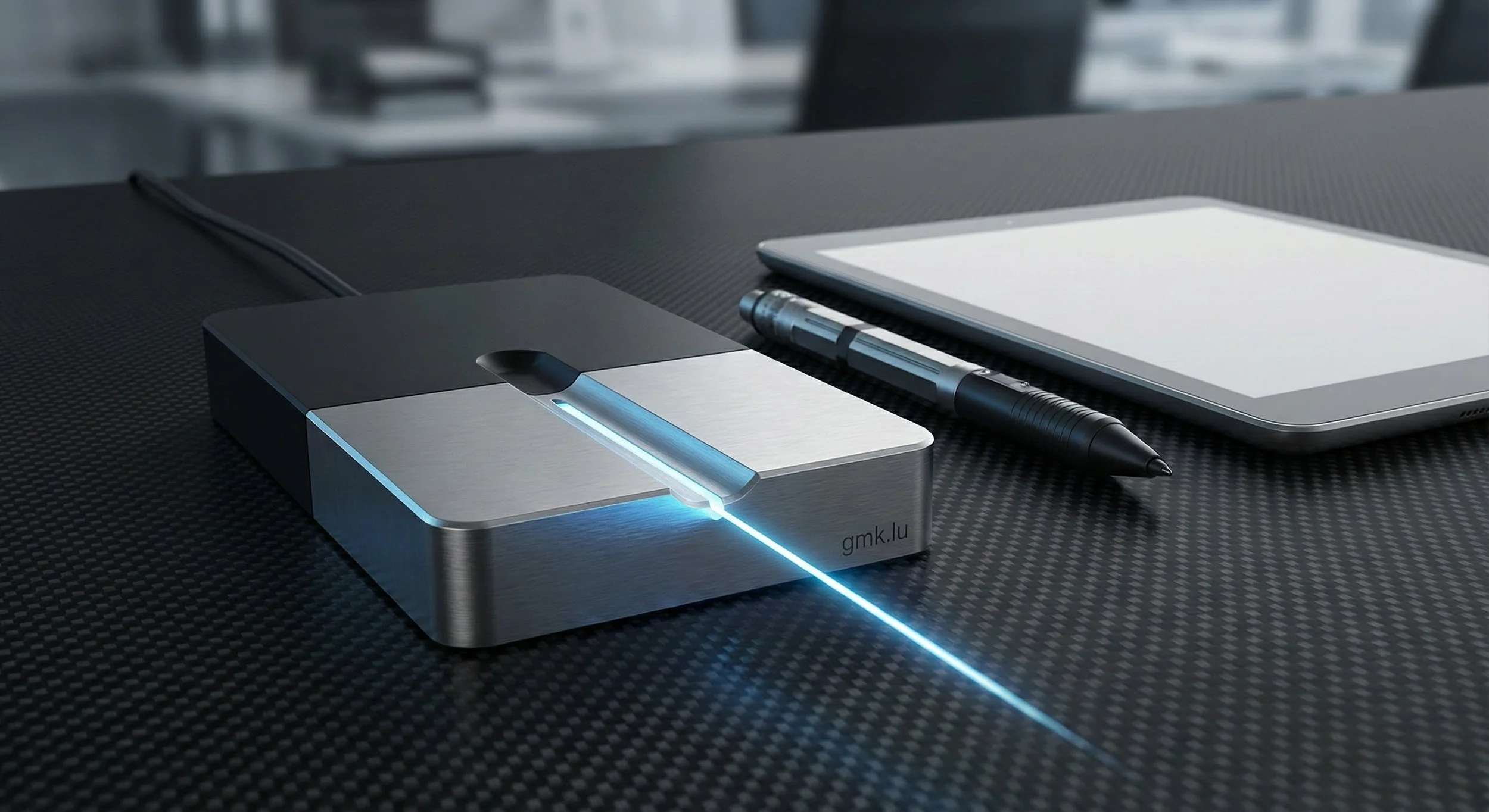 High-precision laser engraving device emitting a focused blue beam next to a tablet and stylus, reflecting analytical rigor, technology and exact execution in advisory work.