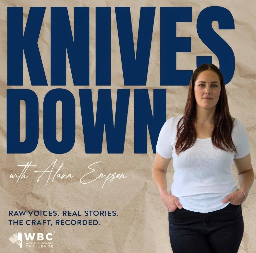 Poster for a podcast titled "Knives Down with Alana Empson" featuring a woman with long brown hair wearing a white t-shirt against a crumpled beige background.