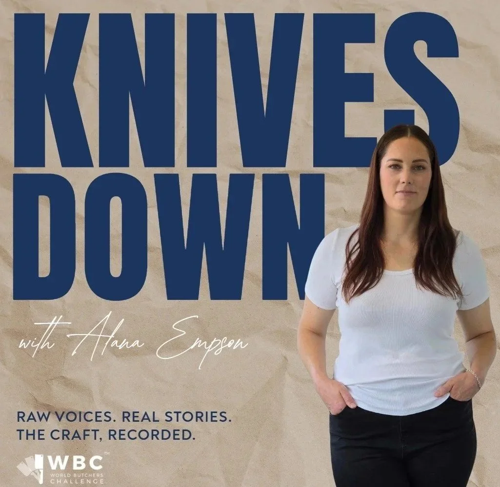 A promotional poster for a podcast titled 'Knives Down with Hanna Empson.' The poster features a woman with long brown hair, wearing a white t-shirt, standing with her hands in her pockets against a beige background. The text on the poster includes the podcast title in large blue letters, the host's name in white cursive, and the tagline 'Raw voices. Real stories. The craft, recorded.' The logo of the World Butchers Challenge (WBC) is also present at the bottom.
