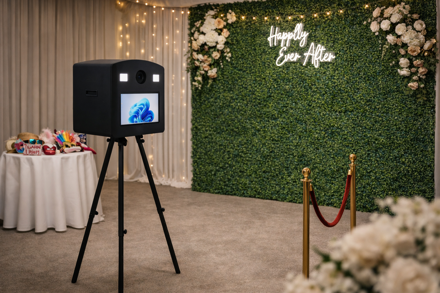 A photo of an event setup with a large green leafy wall decorated with white and pink flowers and a neon sign reading "Happily Ever After." There is a black photo booth with a digital screen and two built-in lights, a table with colorful props on the left, and a velvet rope barrier on the right.