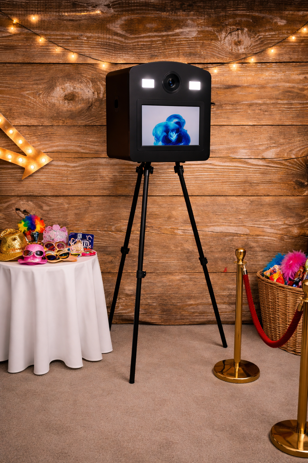 Sydney retro photo booth hire featuring a professional black camera on a tripod, stylish wooden backdrop with string lights, fun colourful props, and unlimited photos for corporate events, weddings and parties.