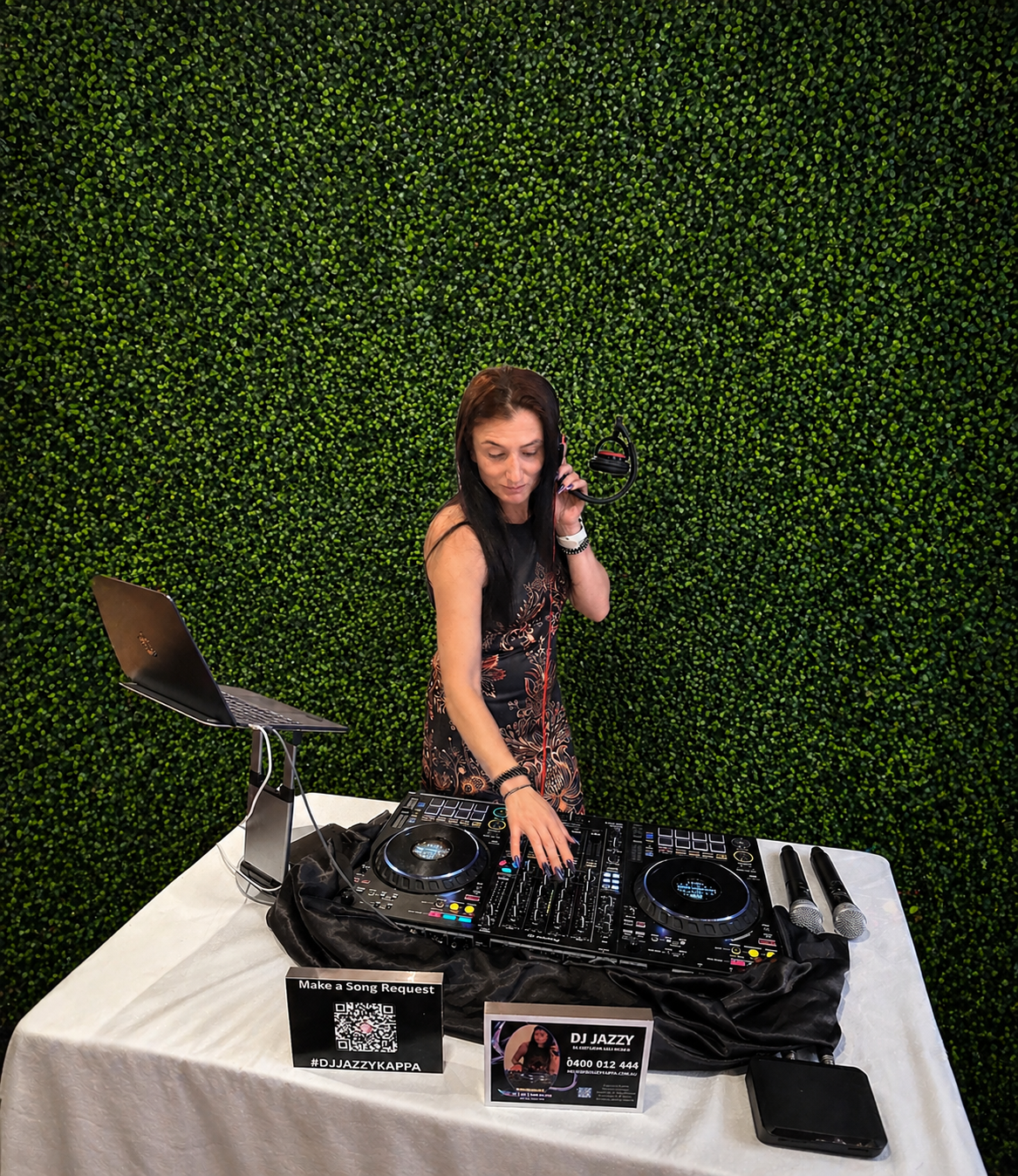 Woman DJ with headphones at a party, and three women celebrating with party props and confetti in colorful party setting.