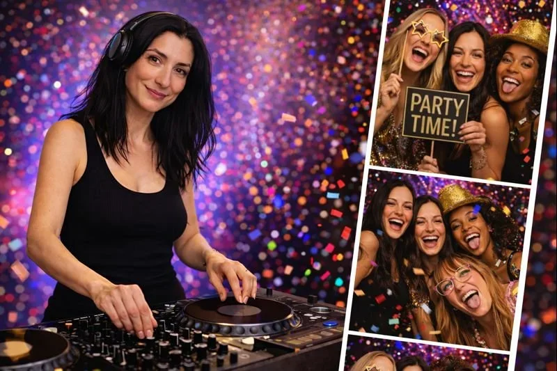 Woman DJ with headphones at a party, and three women celebrating with party props and confetti in colorful party setting.
