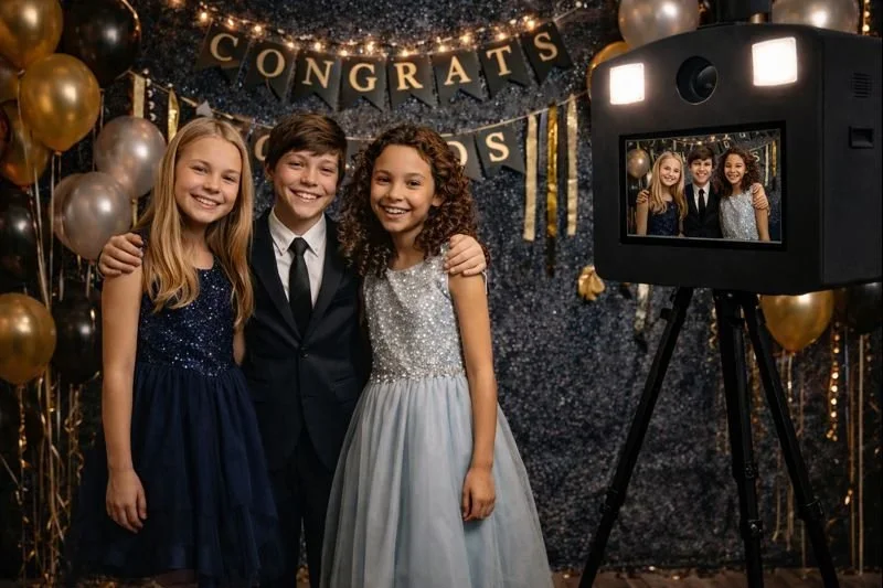 Three children, two girls and one boy, dressed in formal attire, smiling and taking a photo at a celebratory event with a 'Congrats' banner and gold and silver balloons in the background.
