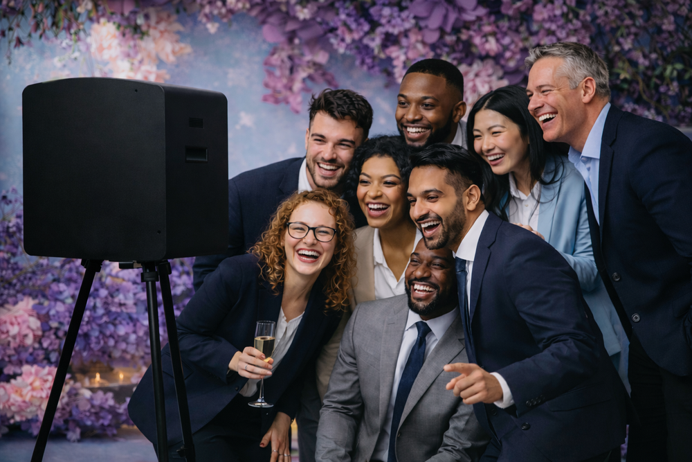 Group of diverse people in formal attire taking a selfie together at a celebration with flowers and hand-lit candles in the background.
