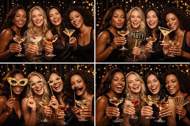 Two groups of women at a party, holding cocktail glasses with a blurred background of lights. The women are dressed in glamorous outfits, some with props like masks, glasses, and a fake mustache, celebrating and smiling.