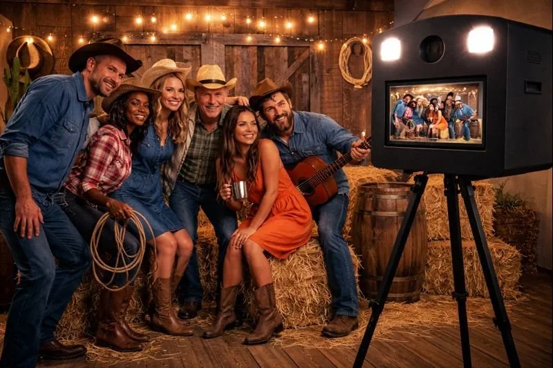 A group of six people dressed in cowboy and country attire taking a selfie in front of a camera while sitting on hay bales in a rustic barn setting with string lights. Some are holding a lasso, a mug, and a guitar.