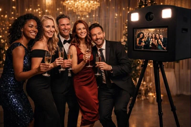 Group of five friends in formal attire taking a selfie at a party with champagne, gold decorations, and lights in the background.