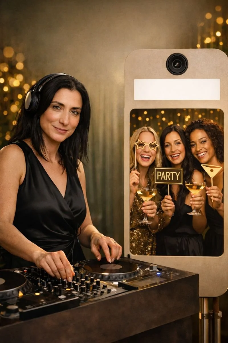 A woman DJ with black hair and wearing a black dress, using DJ equipment at a party. In the background, through a photo booth cutout, three women are holding drinks, wearing festive accessories, and smiling with a "PARTY" sign, surrounded by warm, festive lighting.