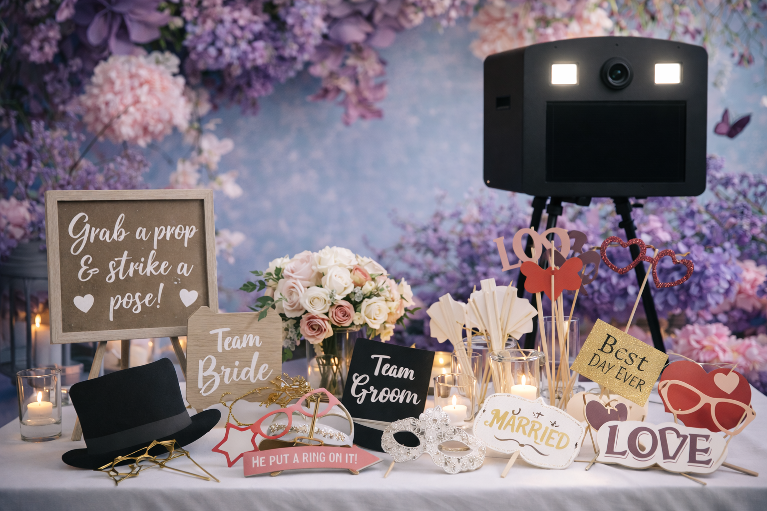 Sydney wedding retro photo booth with fun props, bridal party signs, floral backdrop and professional camera setup for unforgettable wedding photos