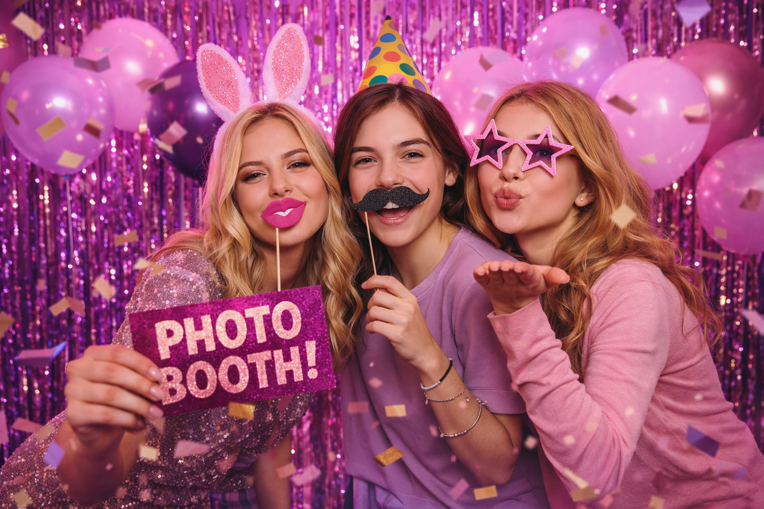 Three women celebrating with party props at a pink-themed party, including balloons, confetti, and a sign that says 'Photo Booth!'