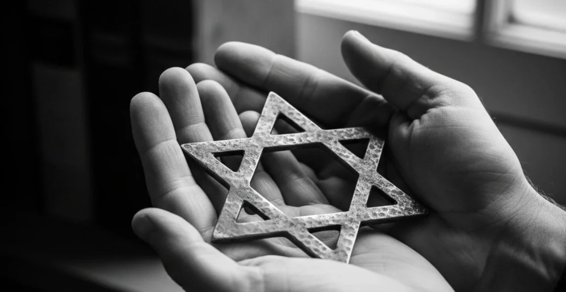 A pair of hands holding a metallic Star of David ornament in black and white.