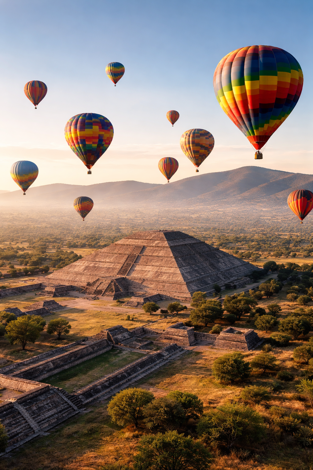 Several colorful hot air balloons floating above the ancient Mayan pyramid of El Castillo at Chichen Itza during sunrise or sunset.