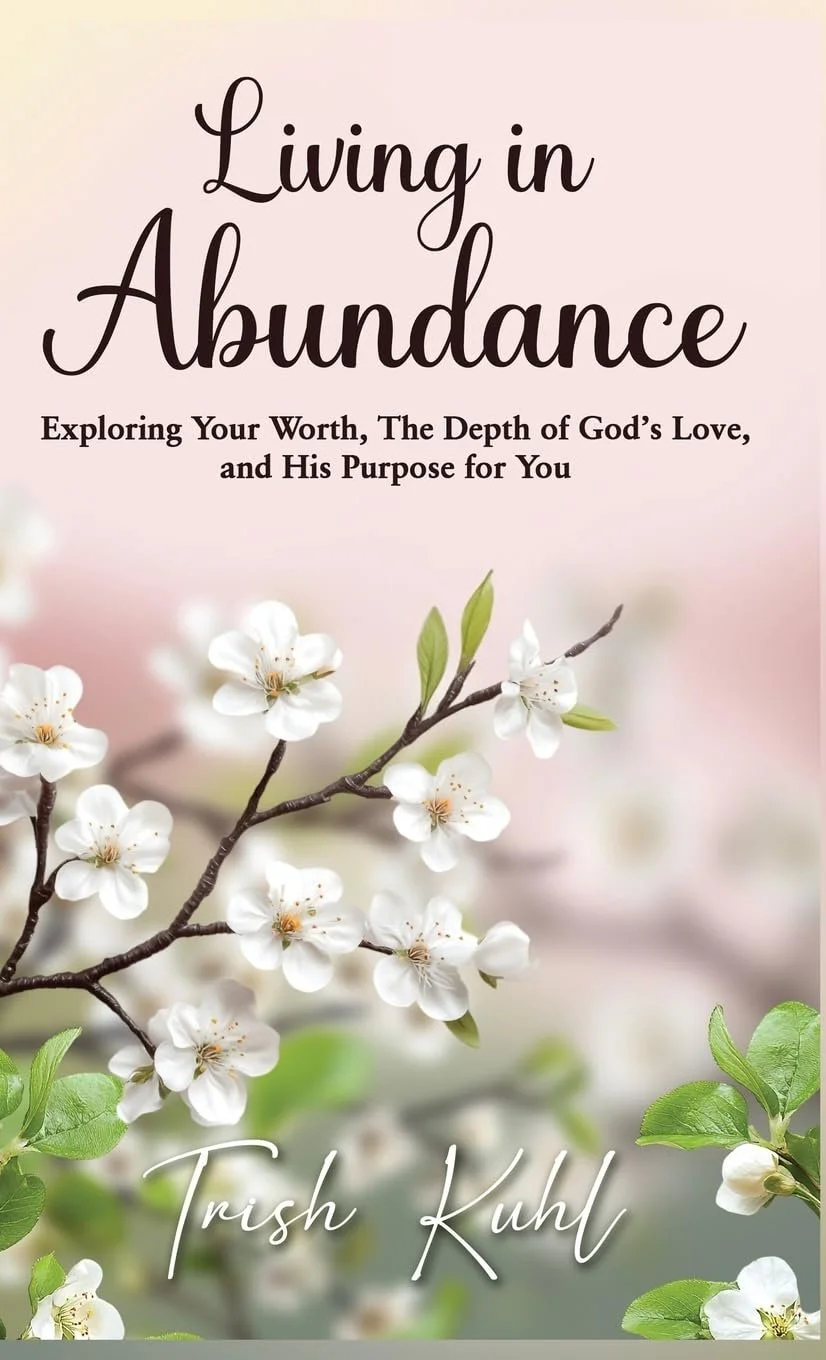 Book cover titled 'Living in Abundance' with a subtitle about exploring worth, God's love, and His purpose. Background features white blossoms and green leaves.