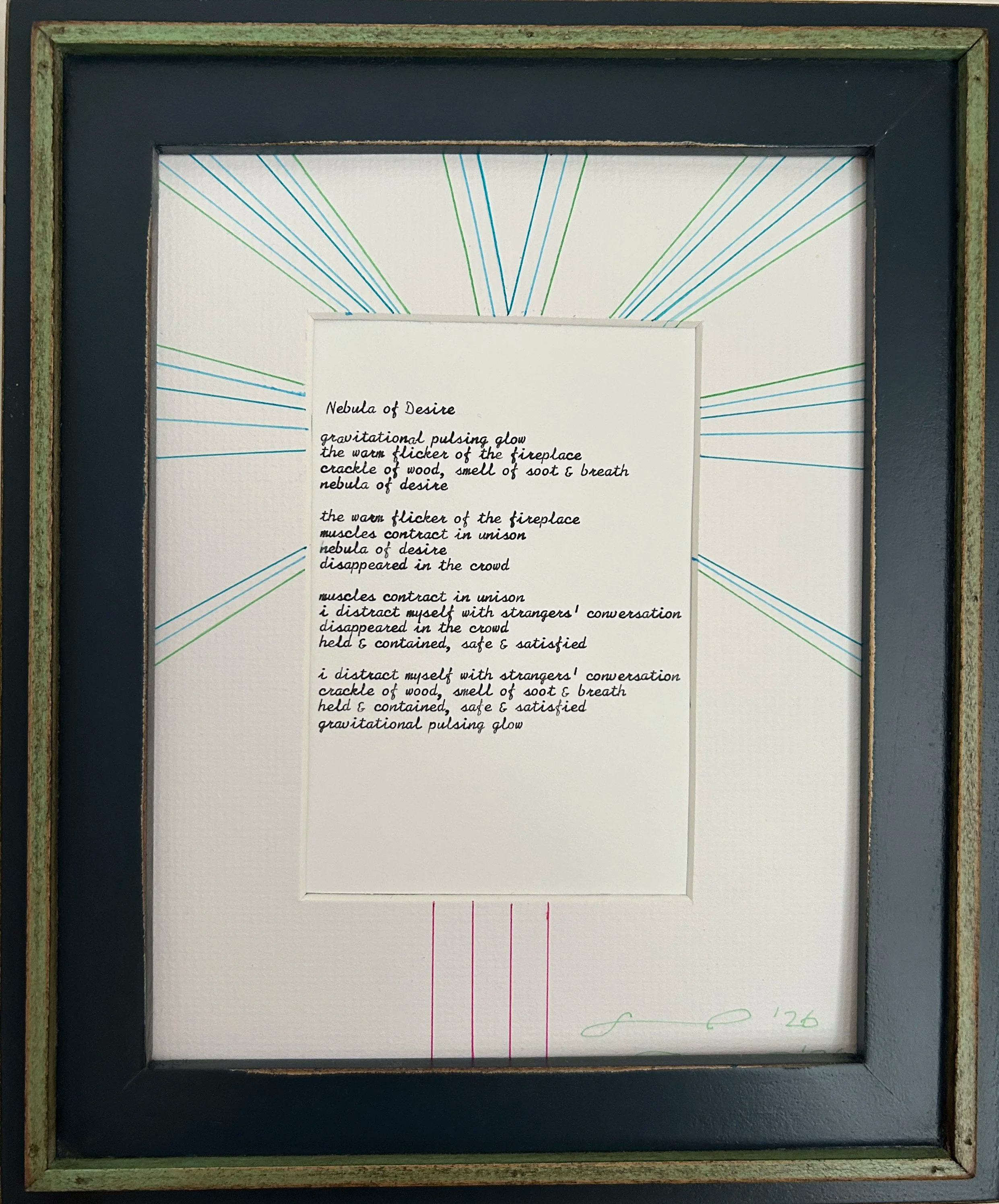 “Nebula of Desire” Poem. Poetry with typewriter and pen on paper. 12.5”h x 10.5”w. 2026. $222
