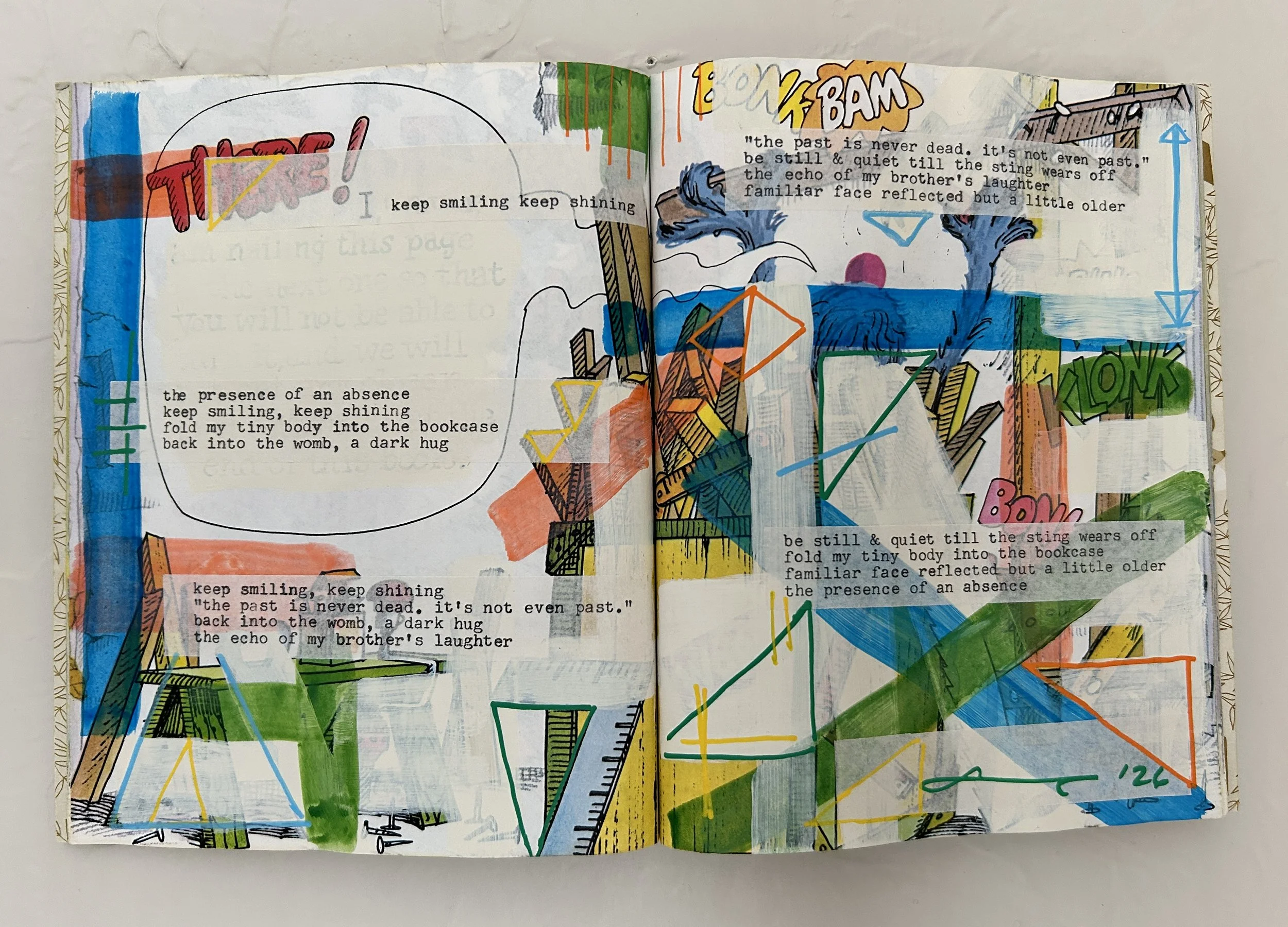 “Keep Smiling Keep Shining” Poem Multimedia: Poetry with typewriter on onion paper, acrylic and pen on found object. 8”h x 12.5”w. 2026. $222.

