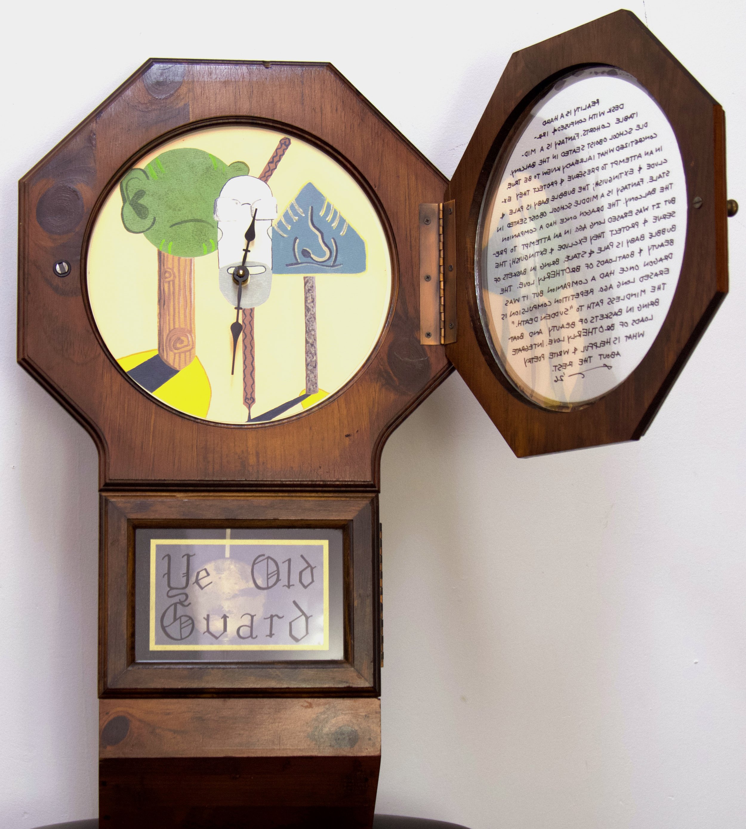 ”Ye Old Guard” Multimedia: Found object, poetry, acrylic on paper, and pen on mylar. 25”h x 14”w x 5”d. 2026. $600.